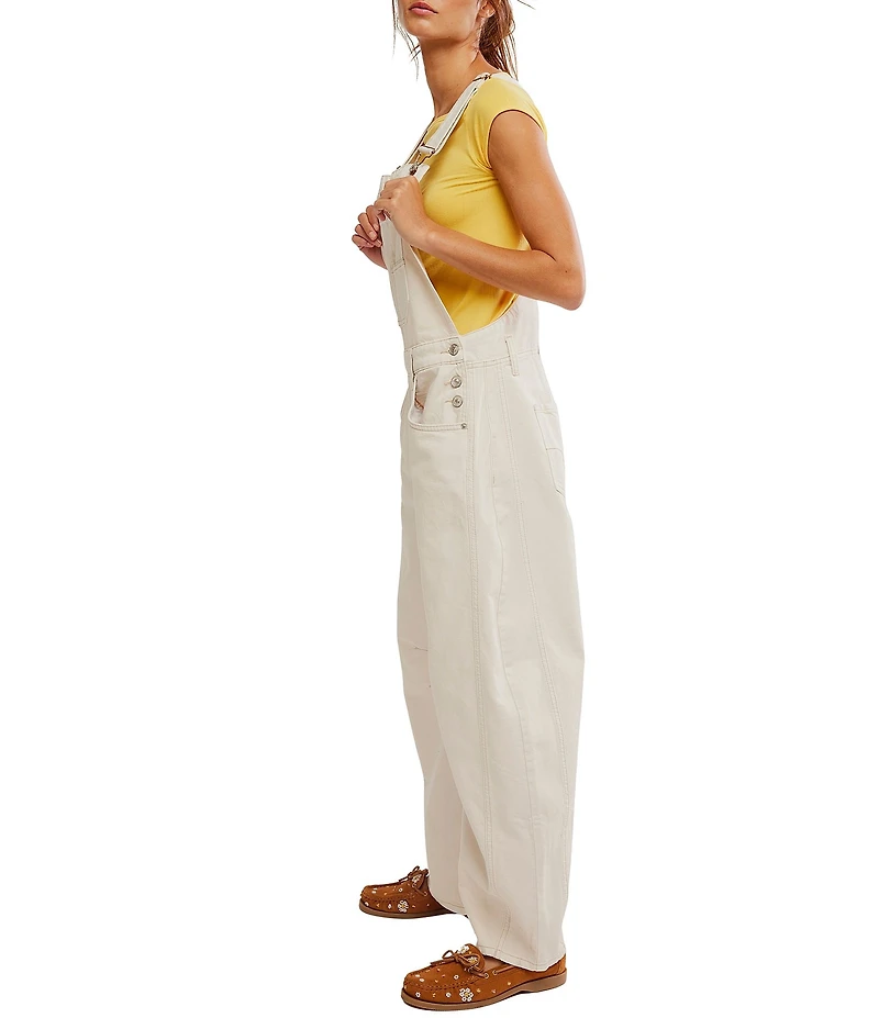 Free People Good Luck Square Neck Sleeveless Barrel Leg Denim Overalls