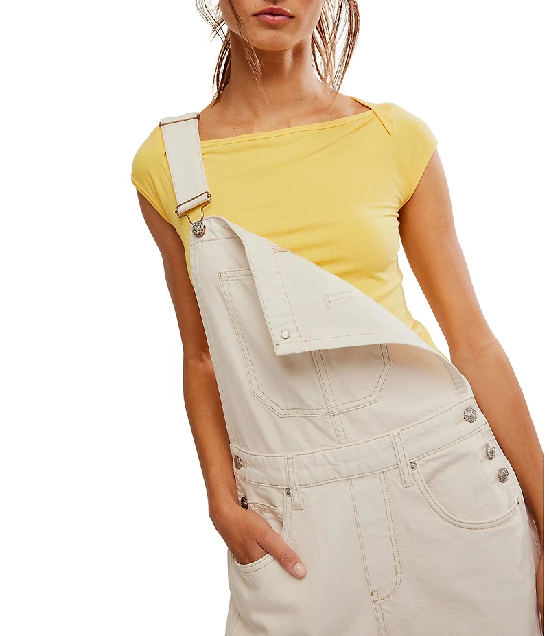 Free People Good Luck Square Neck Sleeveless Barrel Leg Denim Overalls