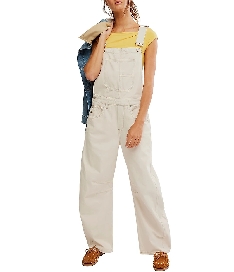 Free People Good Luck Square Neck Sleeveless Barrel Leg Denim Overalls
