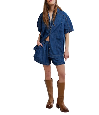 Free People Griselda Point Collar Short Sleeve Denim Short Set