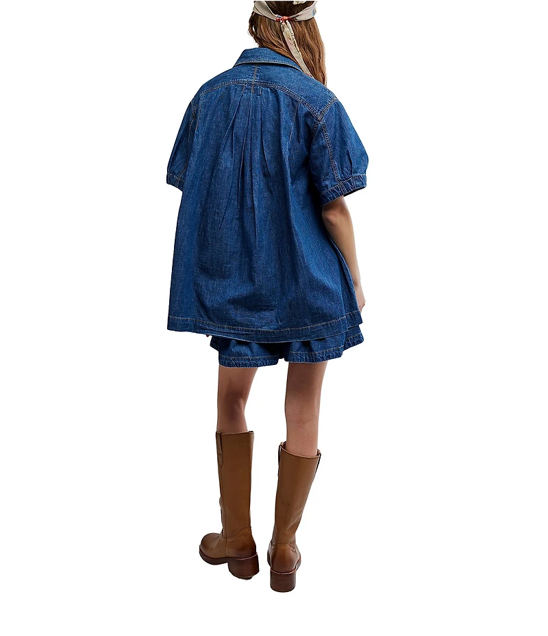 Free People Griselda Point Collar Short Sleeve Denim Short Set
