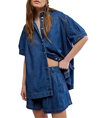 Free People Griselda Point Collar Short Sleeve Denim Short Set