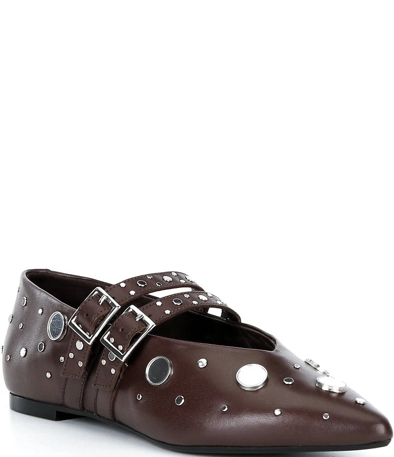 Free People Hall Of Mirrors Studded Leather Pointed Toe Mary Jane Flats