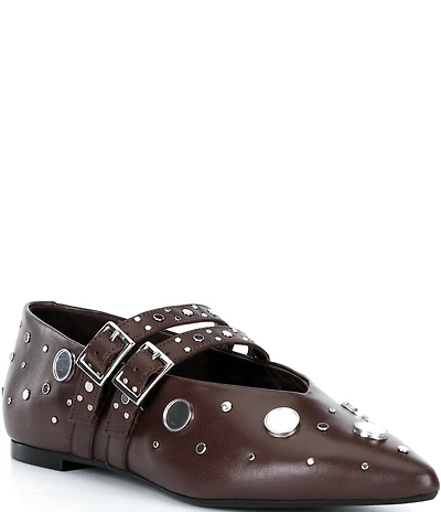 Free People Hall Of Mirrors Studded Leather Pointed Toe Mary Jane Flats