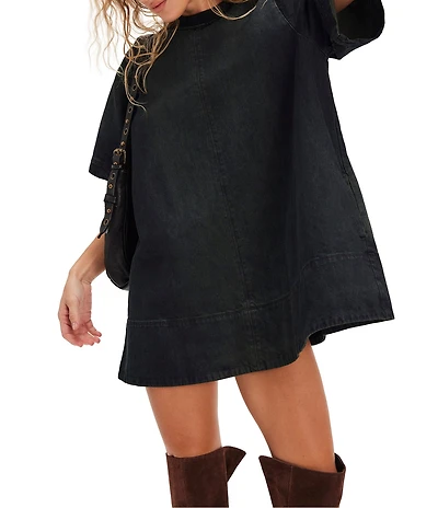 Free People Harlow Crew Neckline Short Sleeve Denim Mini Dress