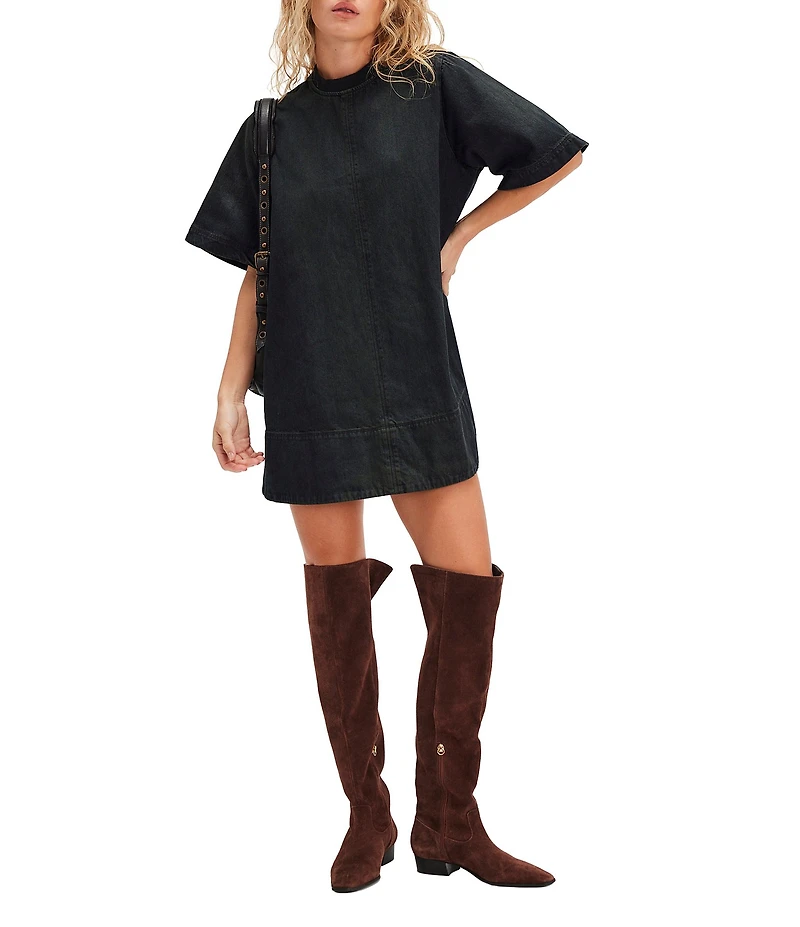 Free People Harlow Crew Neckline Short Sleeve Denim Mini Dress