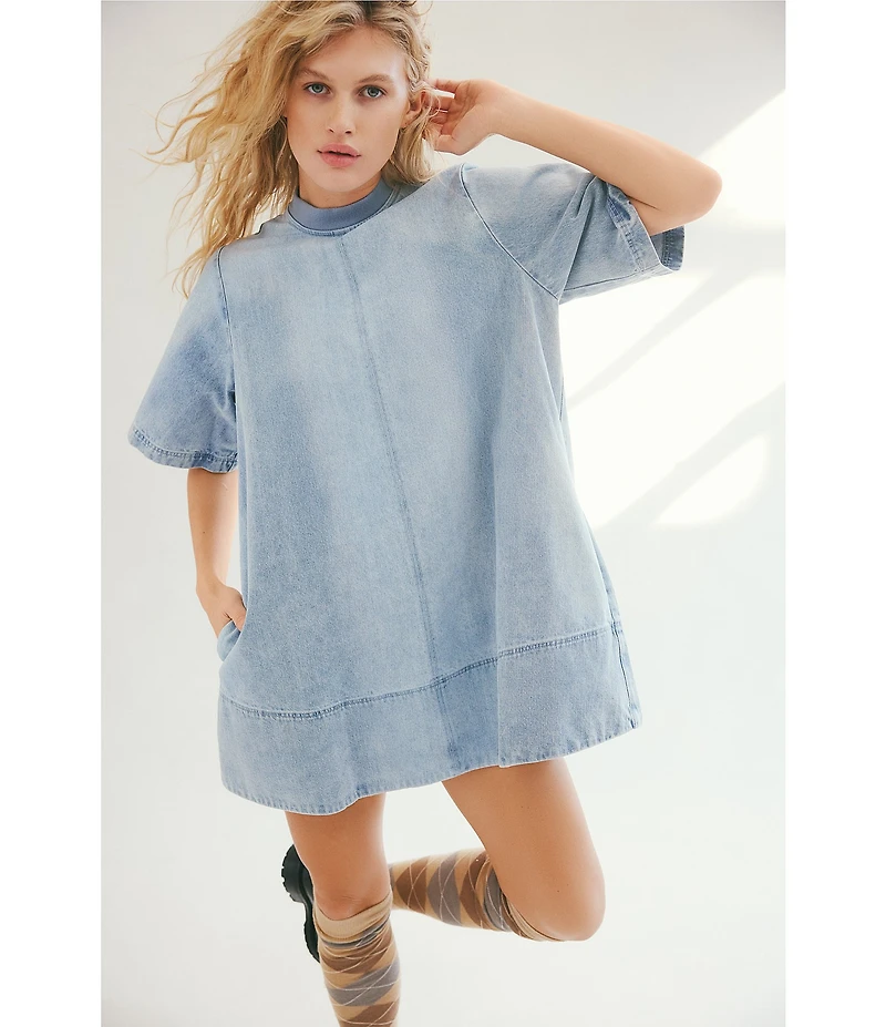 Free People Harlow Crew Neckline Short Sleeve Denim Mini Dress