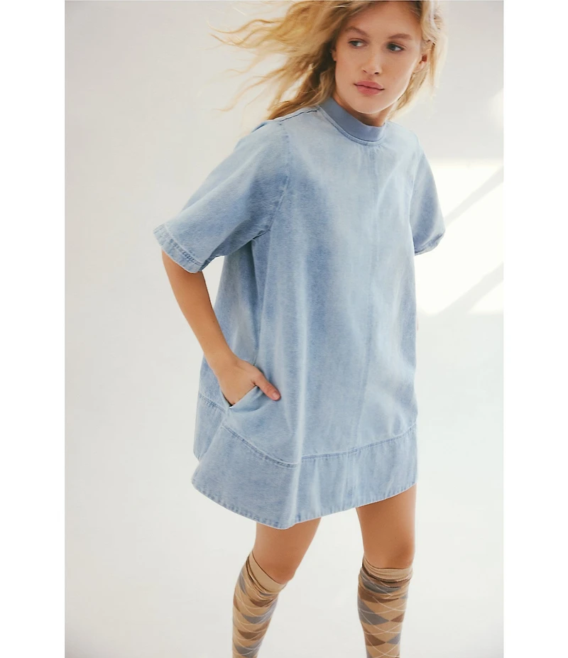 Free People Harlow Crew Neckline Short Sleeve Denim Mini Dress