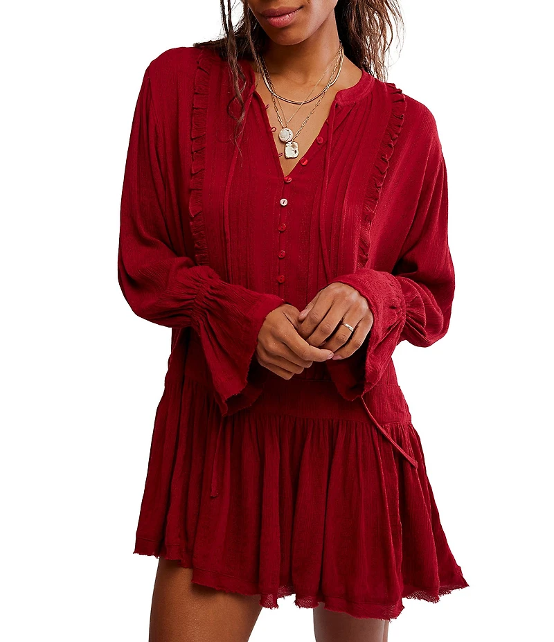 Free People Haute Heirloom Split Neck Long Sleeve Mini Shift Dress