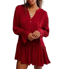 Free People Haute Heirloom Split Neck Long Sleeve Mini Shift Dress