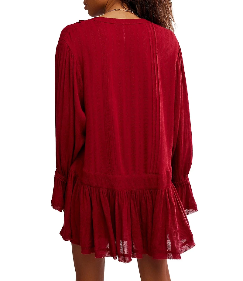 Free People Haute Heirloom Split Neck Long Sleeve Mini Shift Dress