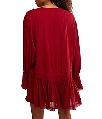 Free People Haute Heirloom Split Neck Long Sleeve Mini Shift Dress