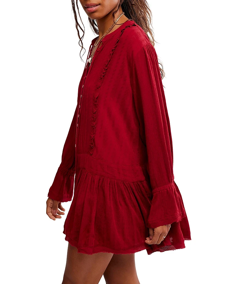 Free People Haute Heirloom Split Neck Long Sleeve Mini Shift Dress