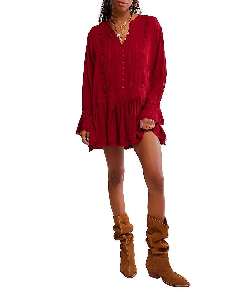Free People Haute Heirloom Split Neck Long Sleeve Mini Shift Dress