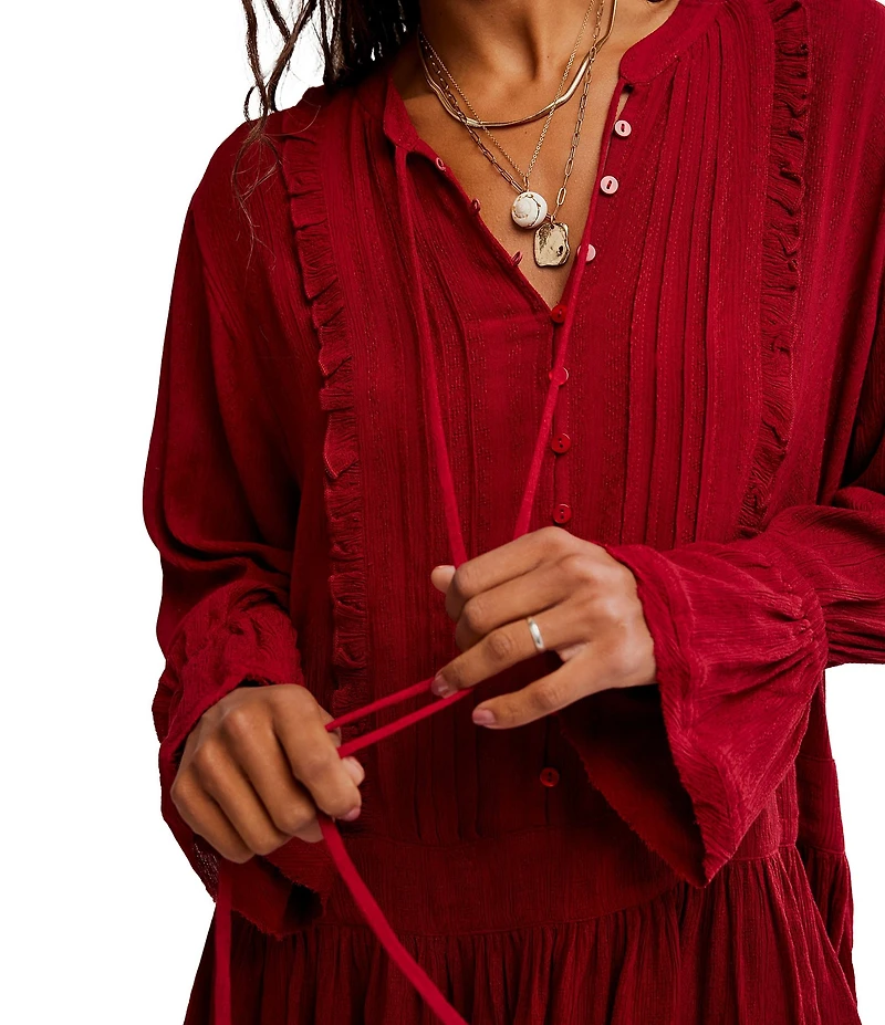 Free People Haute Heirloom Split Neck Long Sleeve Mini Shift Dress