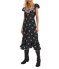 Free People Haven Satin Floral Dotted Embroidered Square Neck Cap Sleeve Empire Waist Midi Dress