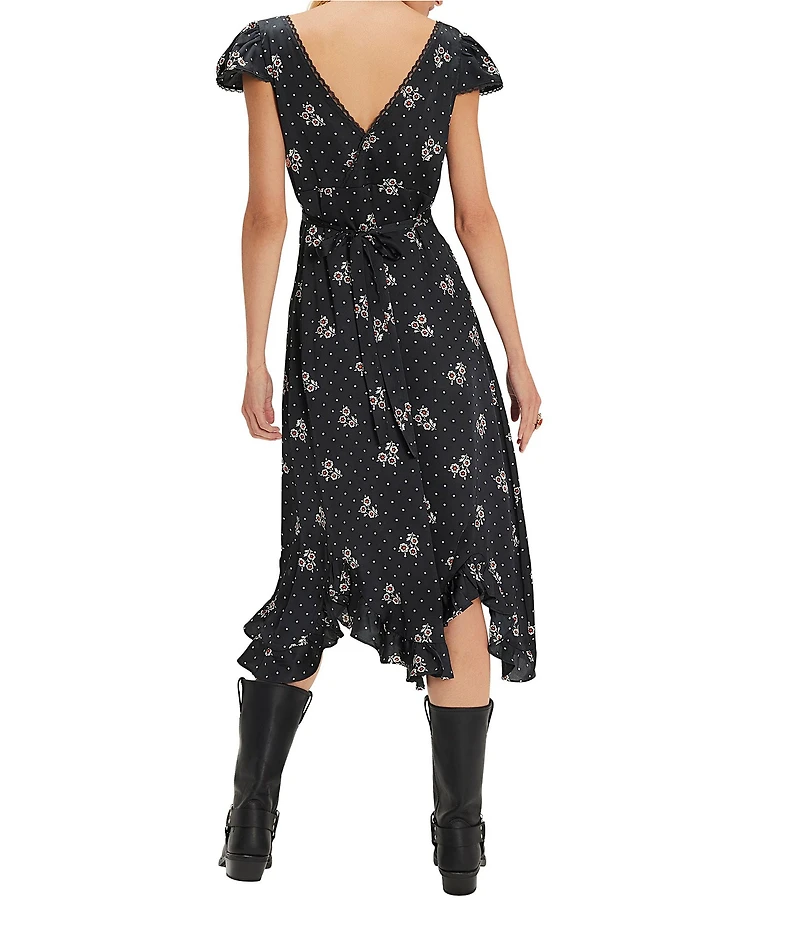Free People Haven Satin Floral Dotted Embroidered Square Neck Cap Sleeve Empire Waist Midi Dress