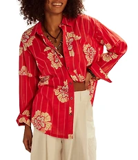 Free People Hidden Flower Camo Point Collar Long Sleeve Top