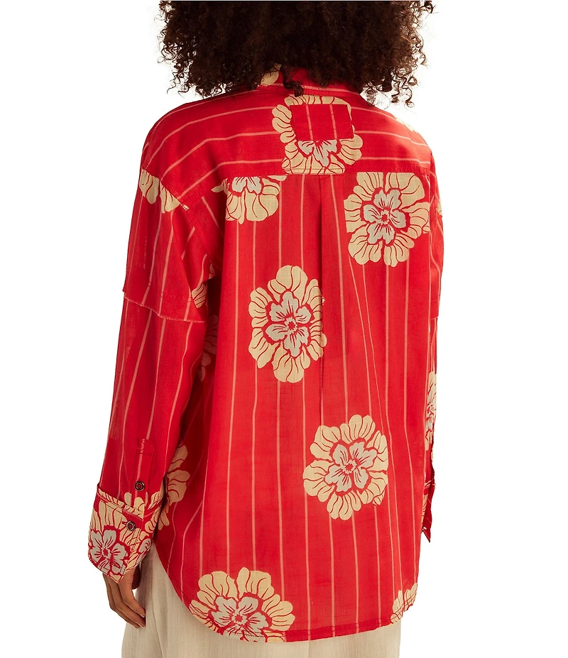 Free People Hidden Flower Camo Point Collar Long Sleeve Top