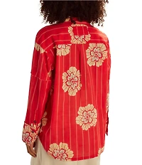 Free People Hidden Flower Camo Point Collar Long Sleeve Top