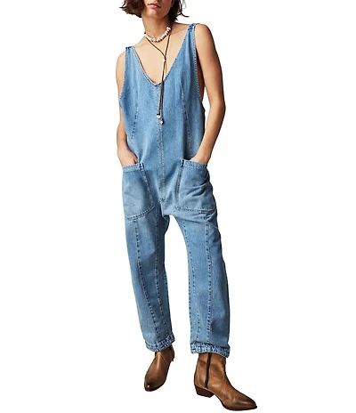 Free People High Roller Scoop Neck Sleeveless Denim Jumpsuit