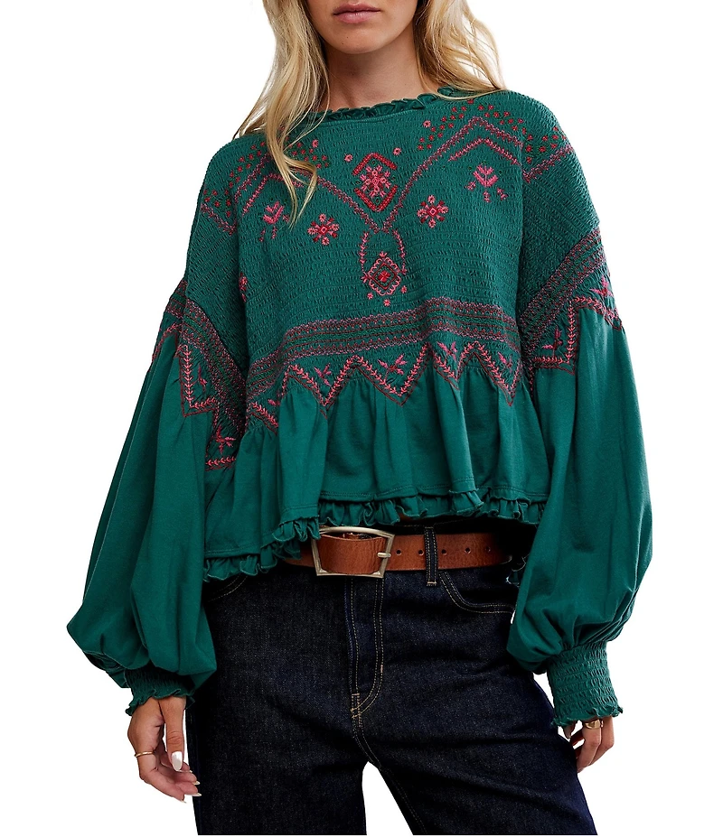 Free People Holly Embroidered Accent Boat Neck Long Balloon Sleeve Knit Top