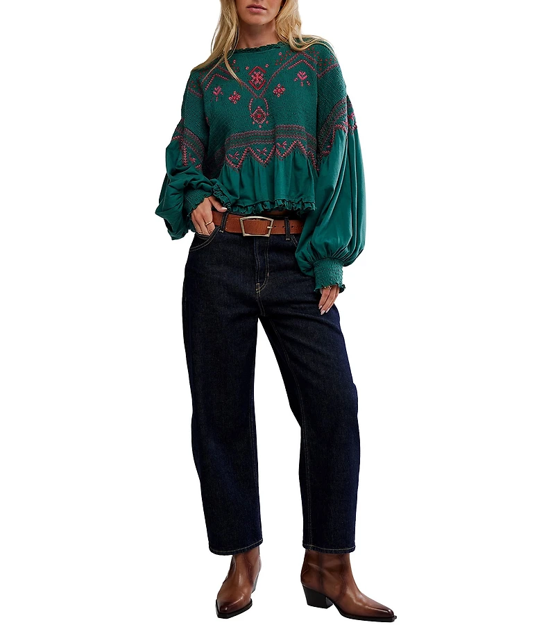 Free People Holly Embroidered Accent Boat Neck Long Balloon Sleeve Knit Top