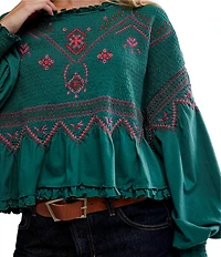Free People Holly Embroidered Accent Boat Neck Long Balloon Sleeve Knit Top