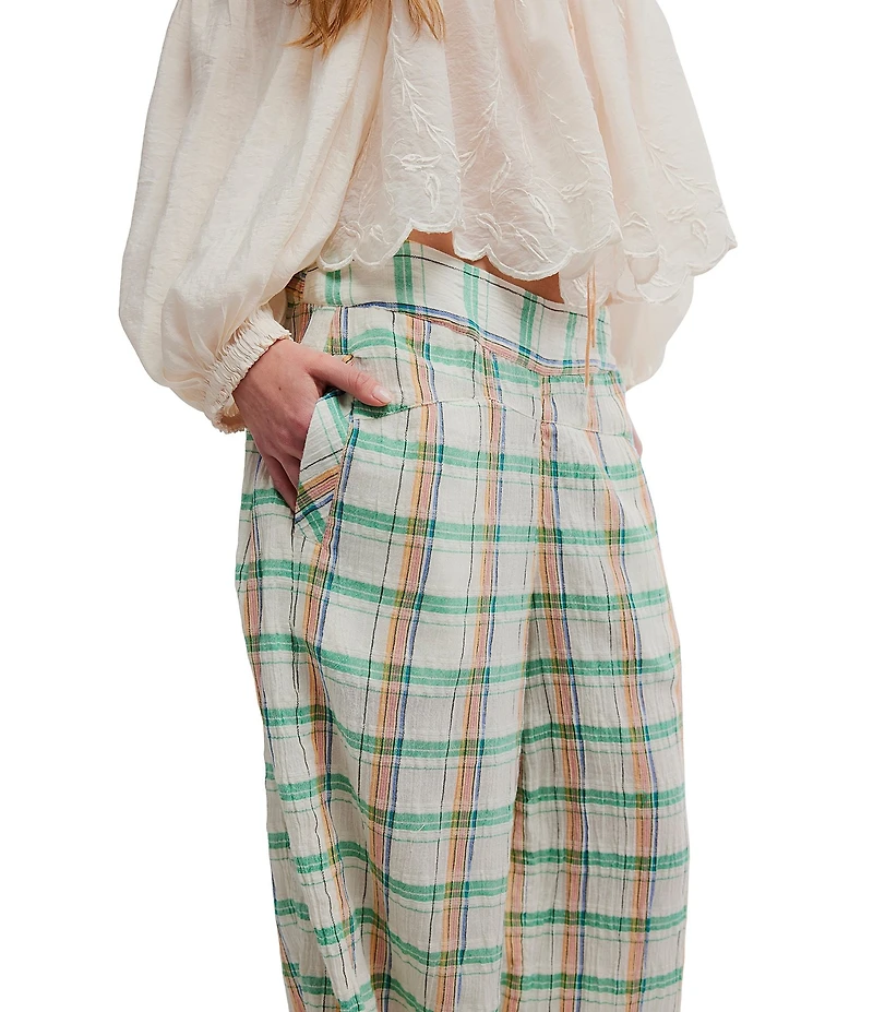Free People Hour Glass Plaid Print Wide Leg Ruffle Trim Pants
