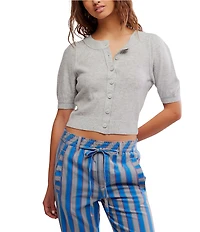 Free People Isla Crew Wool Blend Neck Short Puff Sleeve Button Front Cardigan
