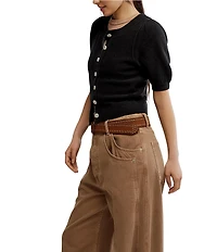 Free People Isla Crew Wool Blend Neck Short Puff Sleeve Button Front Cardigan