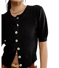 Free People Isla Crew Wool Blend Neck Short Puff Sleeve Button Front Cardigan