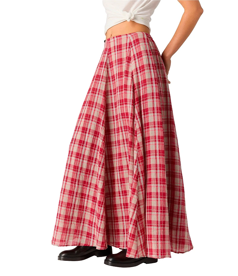 Free People Ives Plaid Printed Mid Rise A-Line Maxi Skirt