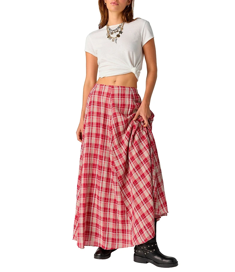 Free People Ives Plaid Printed Mid Rise A-Line Maxi Skirt