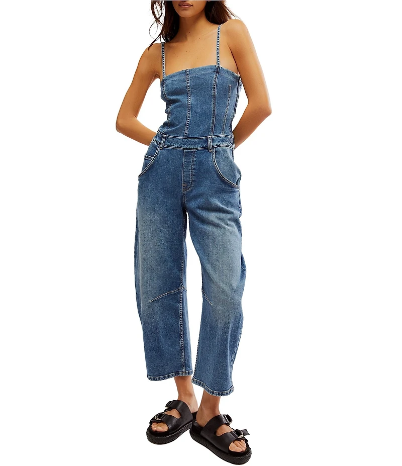 Free People Je Suis Pret Strapless Barrel Leg Denim Jumpsuit