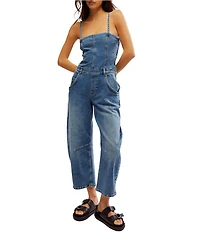 Free People Je Suis Pret Strapless Barrel Leg Denim Jumpsuit