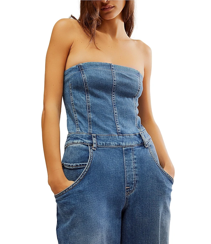 Free People Je Suis Pret Strapless Barrel Leg Denim Jumpsuit