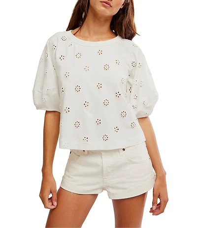 Free People Jessie Eyelet Crew Neck Short Sleeve Tee