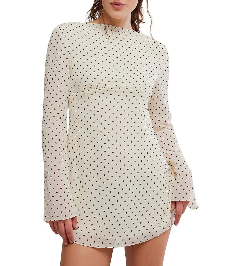 Free People Jolie Polka Dot Printed Boat Neck Long Sleeve A-Line Mini Dress