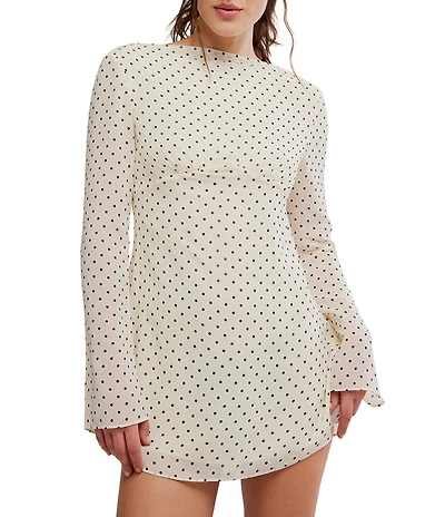 Free People Jolie Polka Dot Printed Boat Neck Long Sleeve A-Line Mini Dress