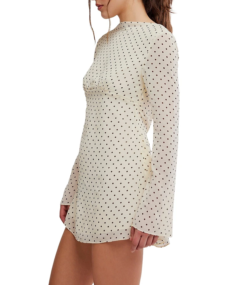 Free People Jolie Polka Dot Printed Boat Neck Long Sleeve A-Line Mini Dress