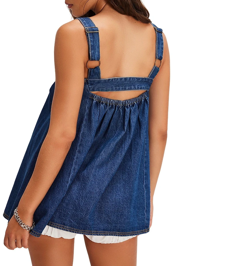 Free People Katie Denim Square Neck Sleeveless A-Line Tunic Top