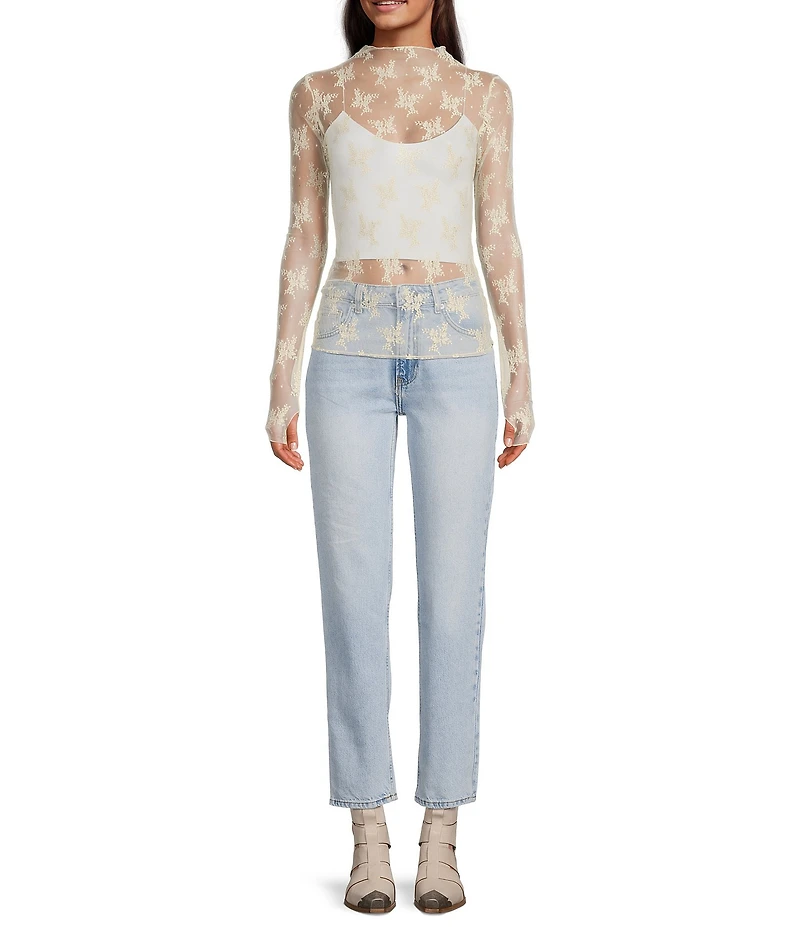 Free People Lady Lux Jacquard Sheer Mock Neck Long Sleeve Layering Top