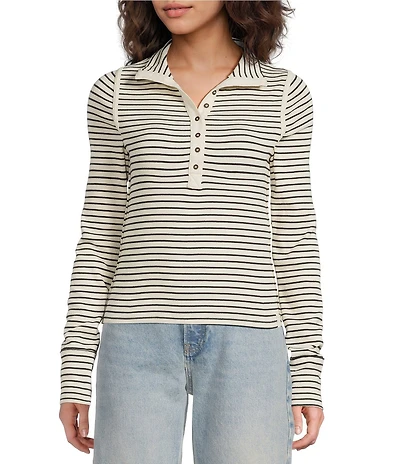 Free People Lake Henley Stripe Print Long Sleeve Knit Top