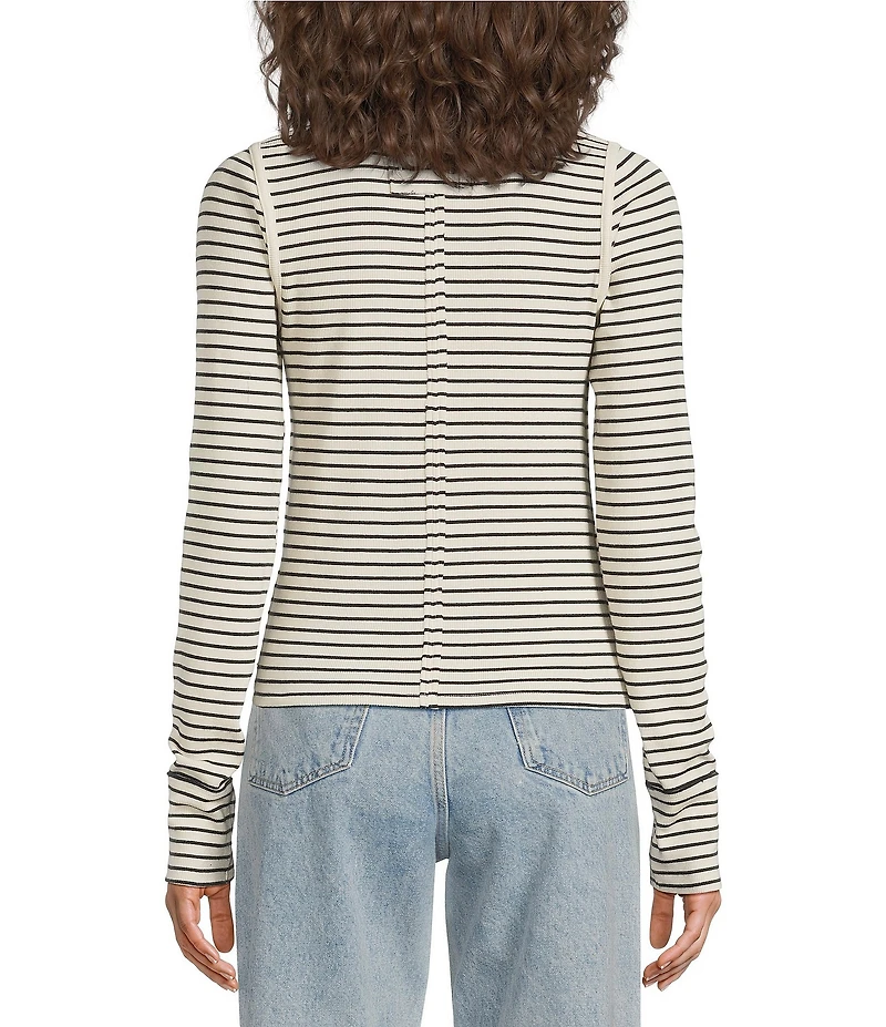 Free People Lake Henley Stripe Print Long Sleeve Knit Top