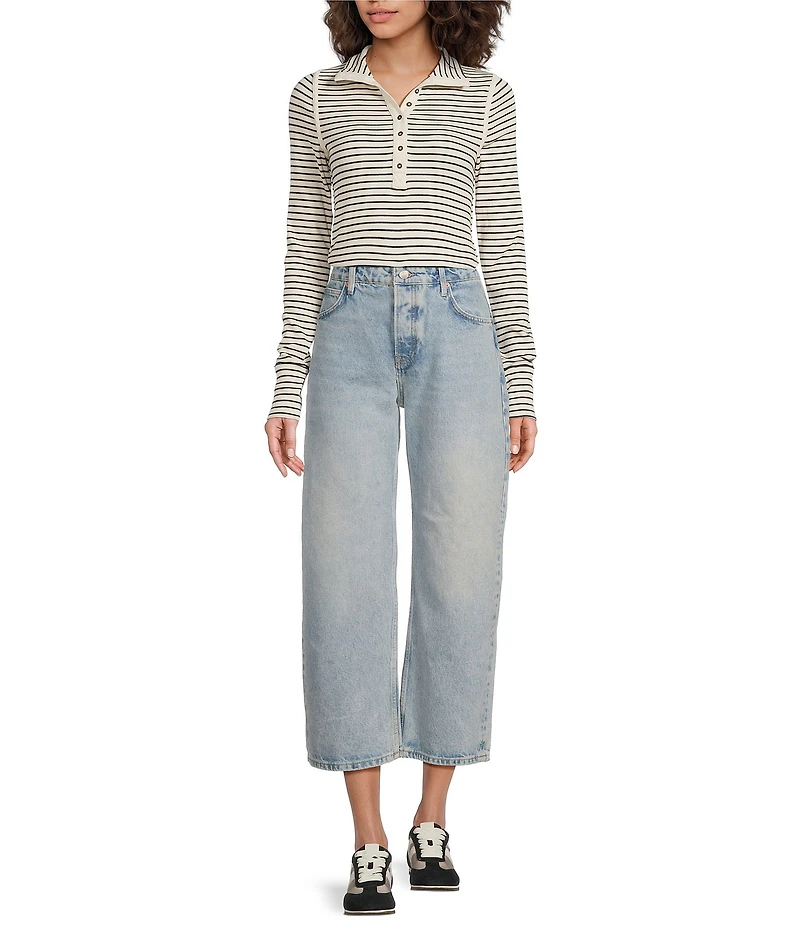Free People Lake Henley Stripe Print Long Sleeve Knit Top