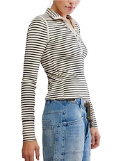 Free People Lake Henley Stripe Print Long Sleeve Knit Top