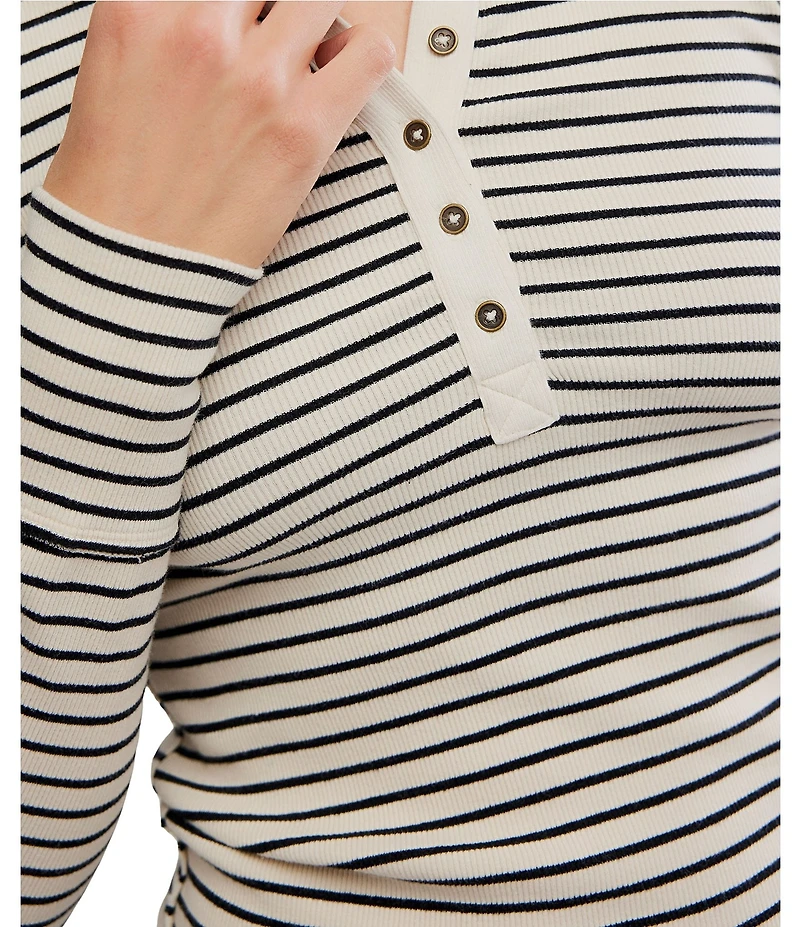 Free People Lake Henley Stripe Print Long Sleeve Knit Top