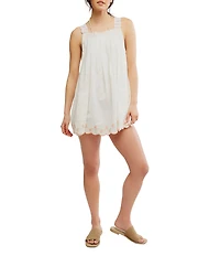 Free People Latecia Square Neck Sleeveless Embroidered Scalloped Hem Mini Babydoll Dress