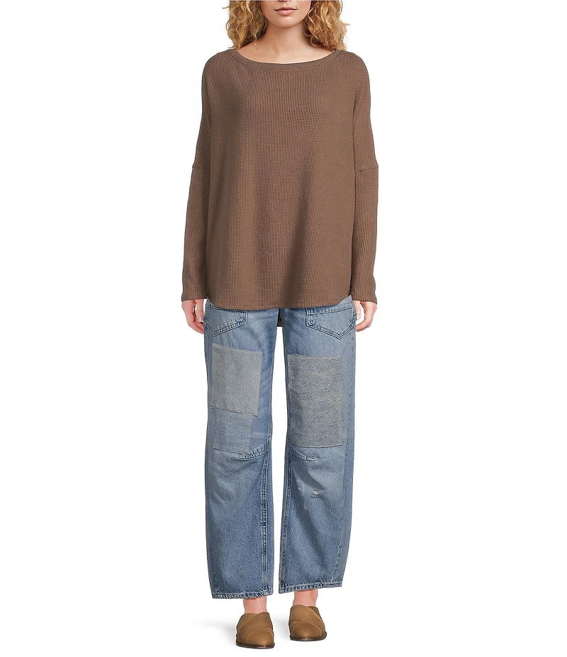 Free People Latte Blues Thermal Mock Neck Long Sleeve Waffle Knit Top
